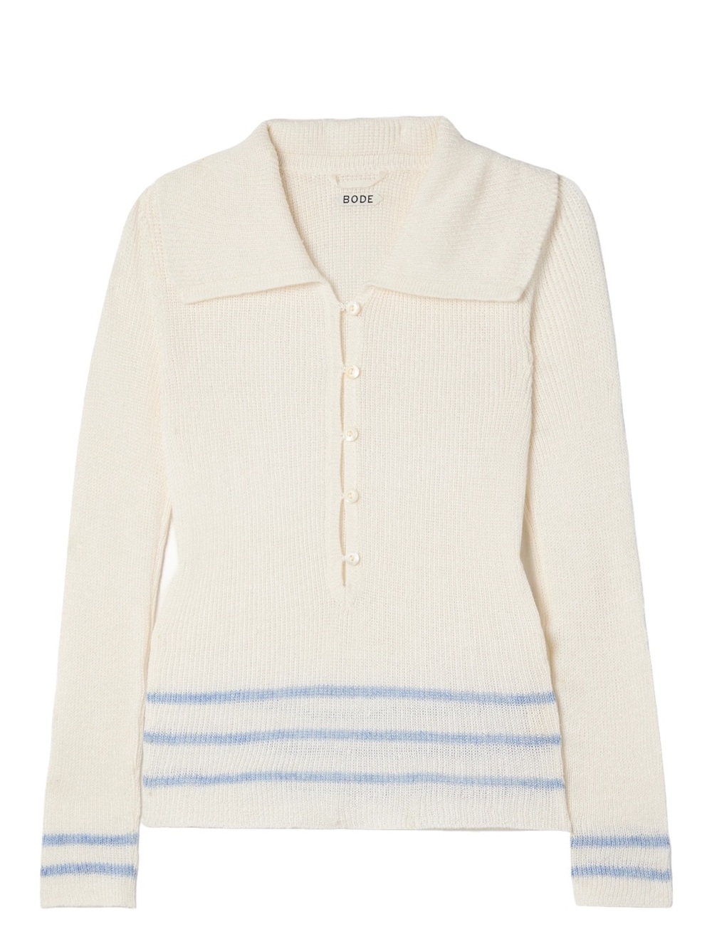 Bode Cream Knit Polo Sweater with Light Blue Stripe Detail